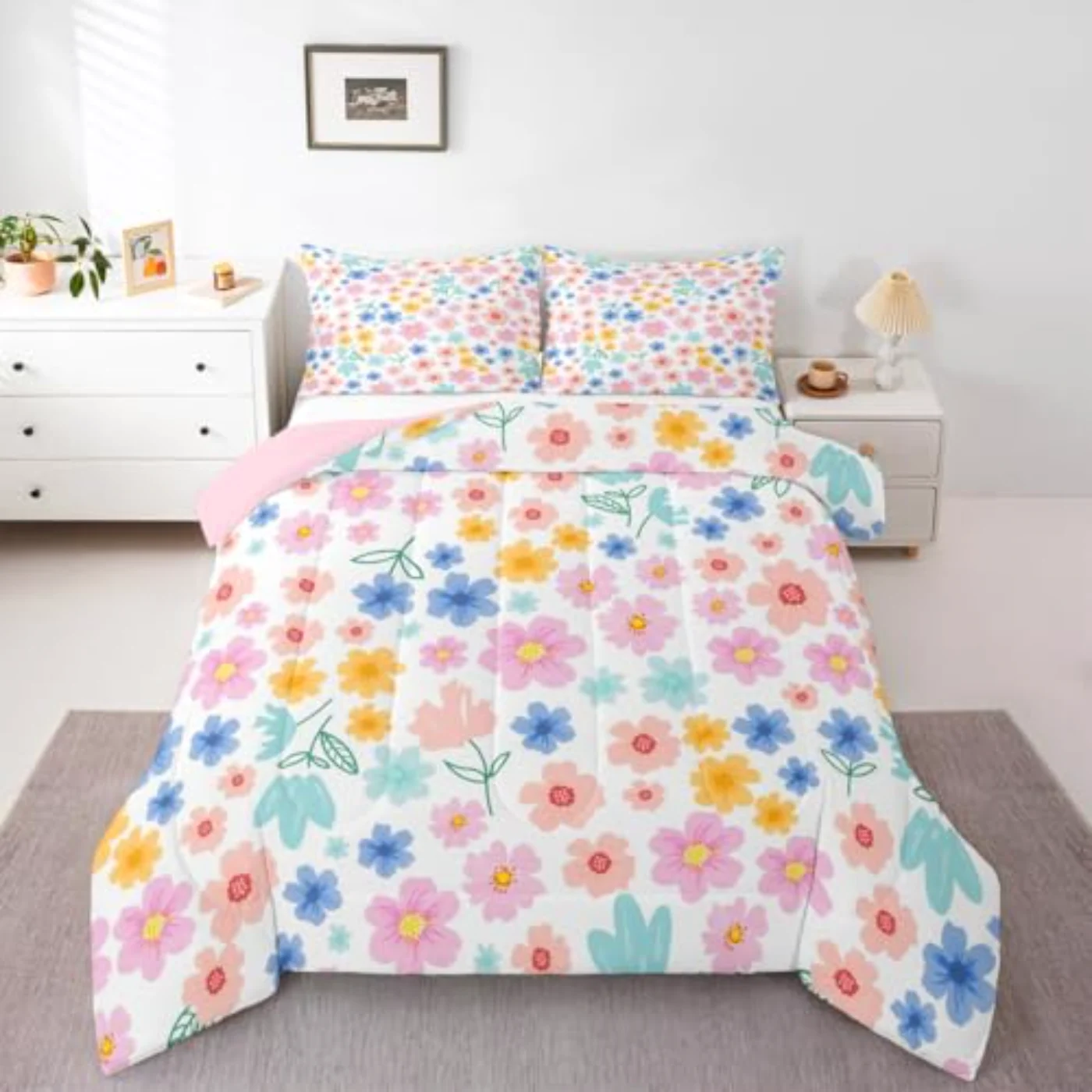 Pink Floral Cute Botanical Flowers Comforter Set, King