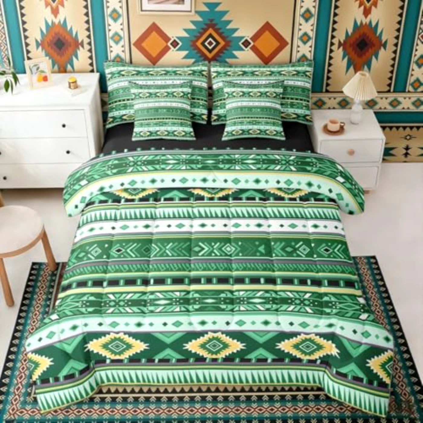 Cowboy White Dark Green Aztec Comforter Set, Queen