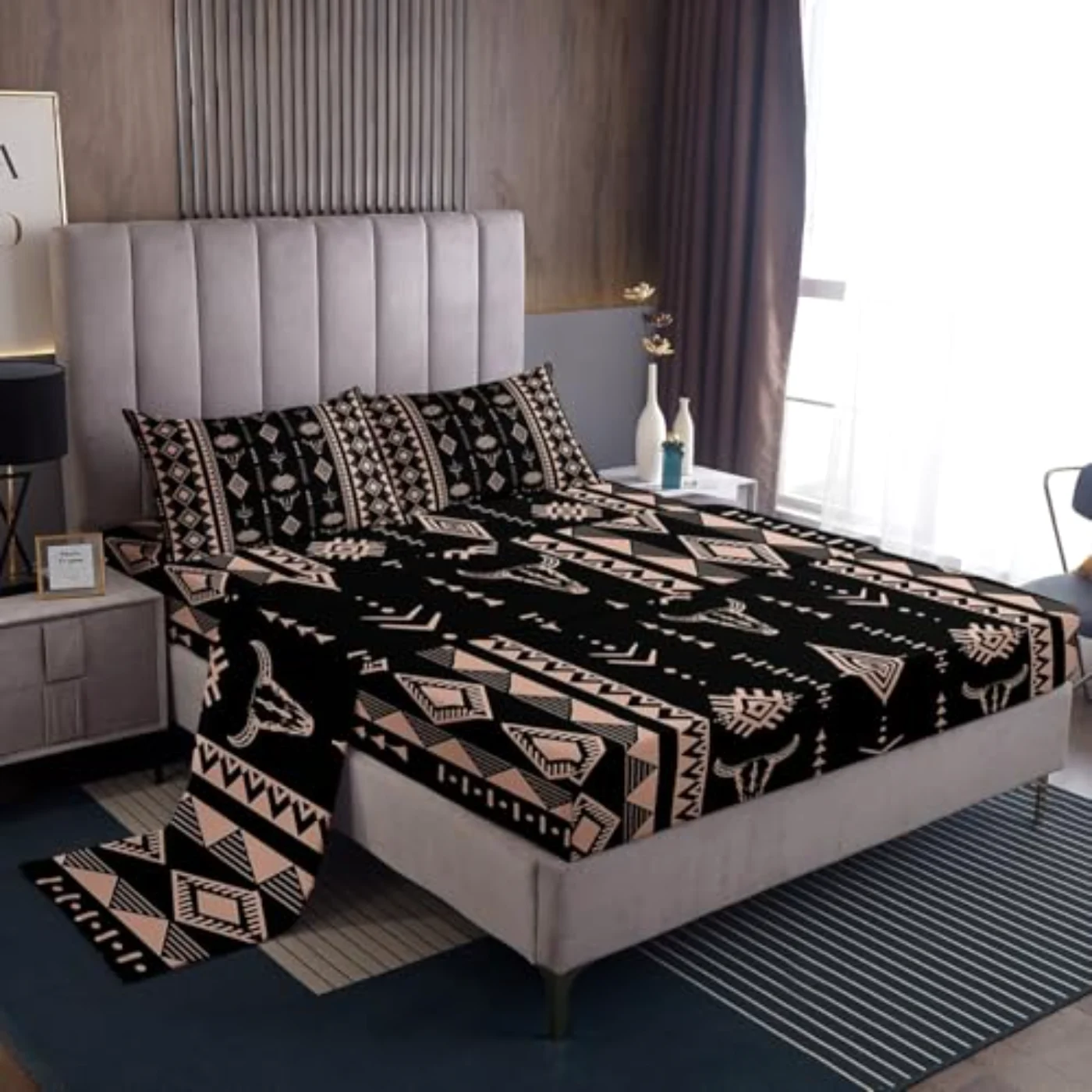 Western Aztec Boho Flat Fitted Sheet Set, Full