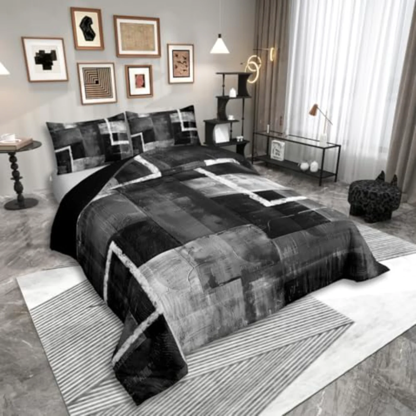 Black Grey Oil Painting Watercolor Comforter Set, Queen