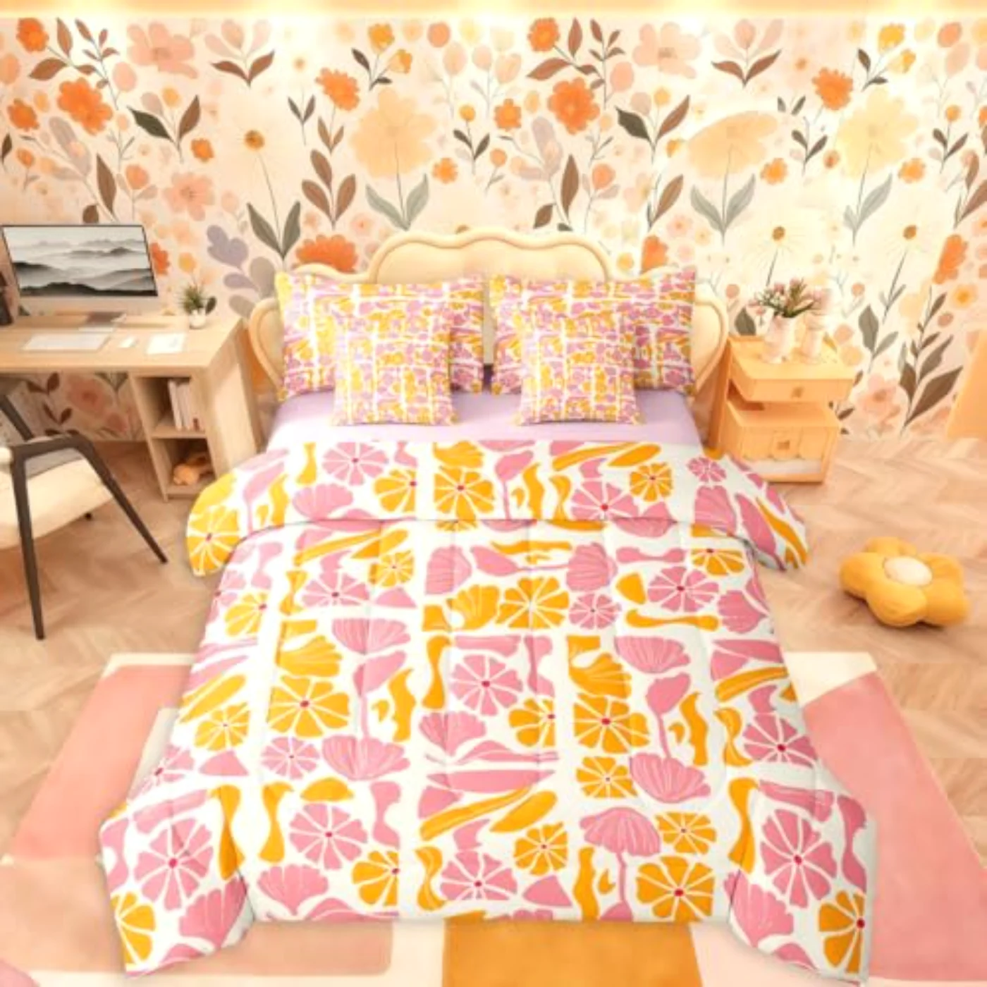 Boho Abstract Colorful Floral Vintage Comforter Set, Queen