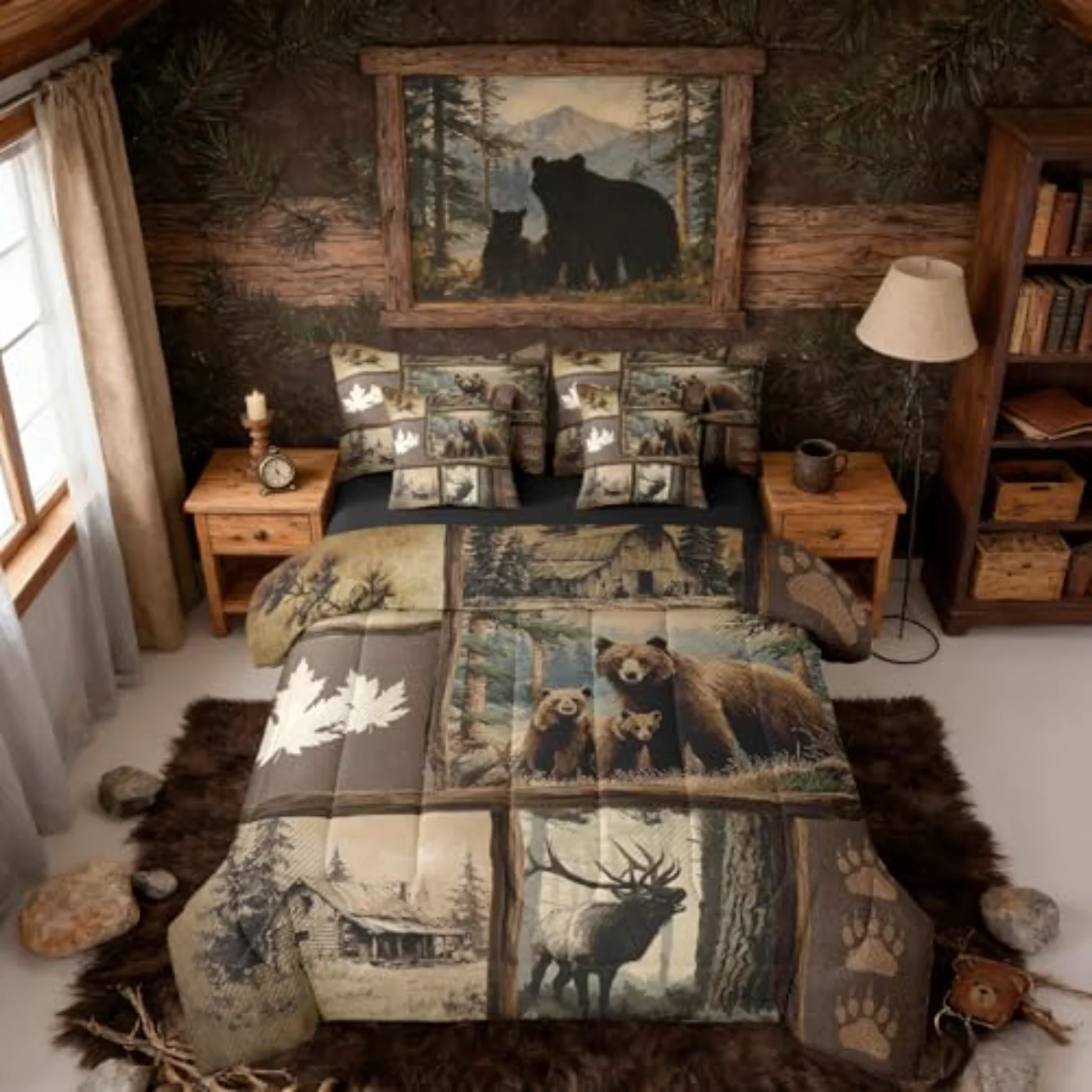 Grizzly Bear Deer Plaid Comforter Set, Queen