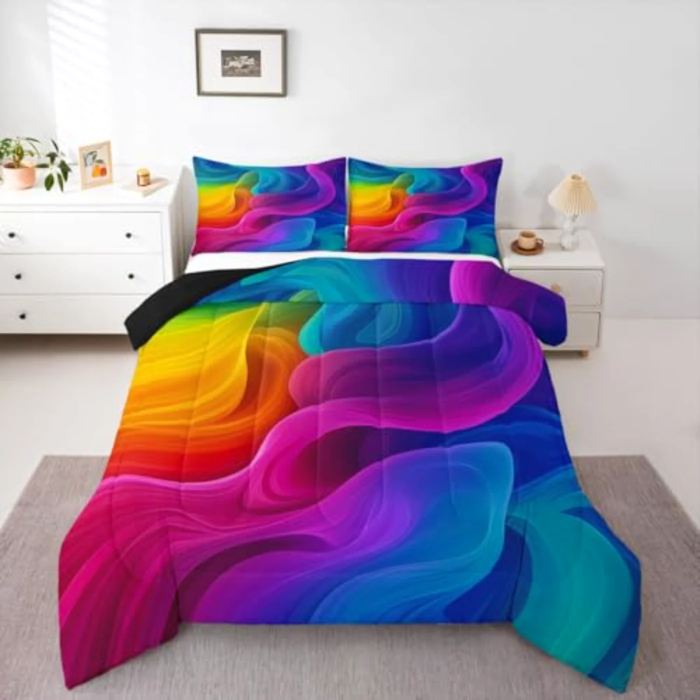 Colorful Geometric Rainbow Stripe Teens Comforter Set, King