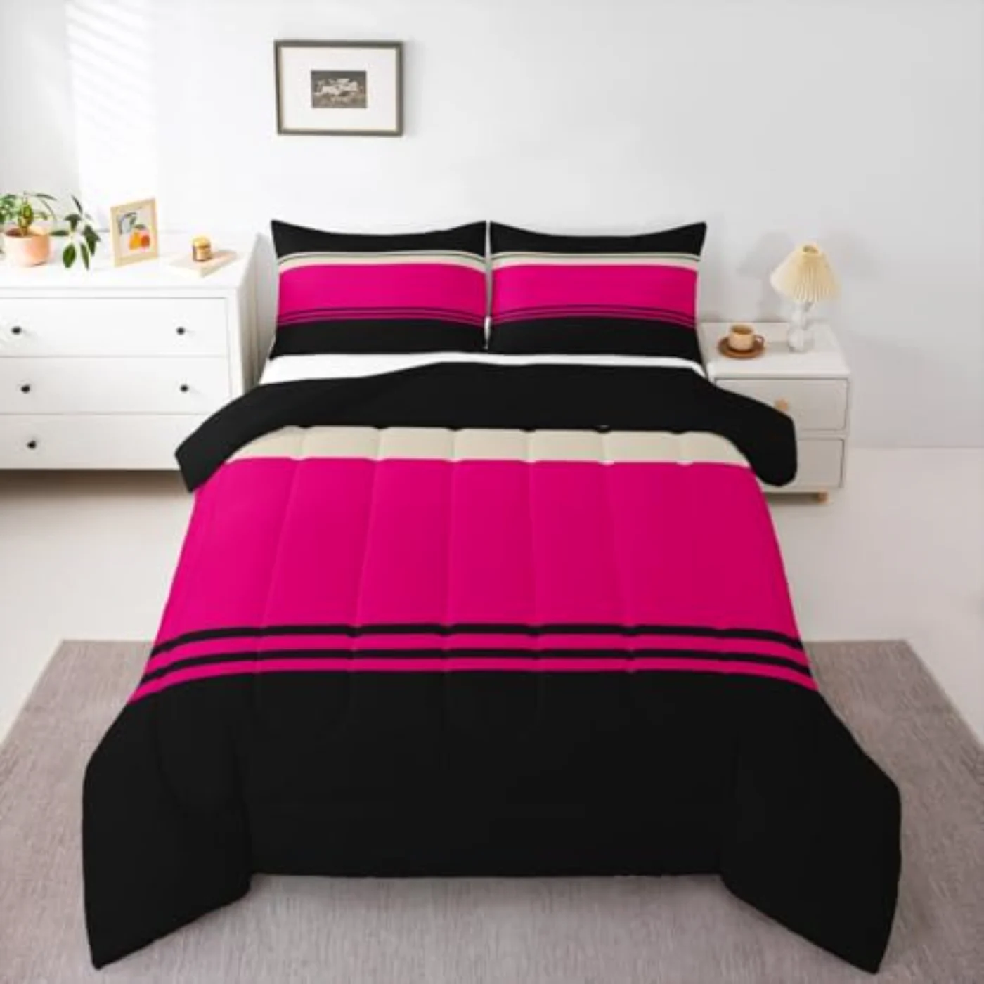 Patchwork Striped Hot Pink Black Comforter Set, Queen