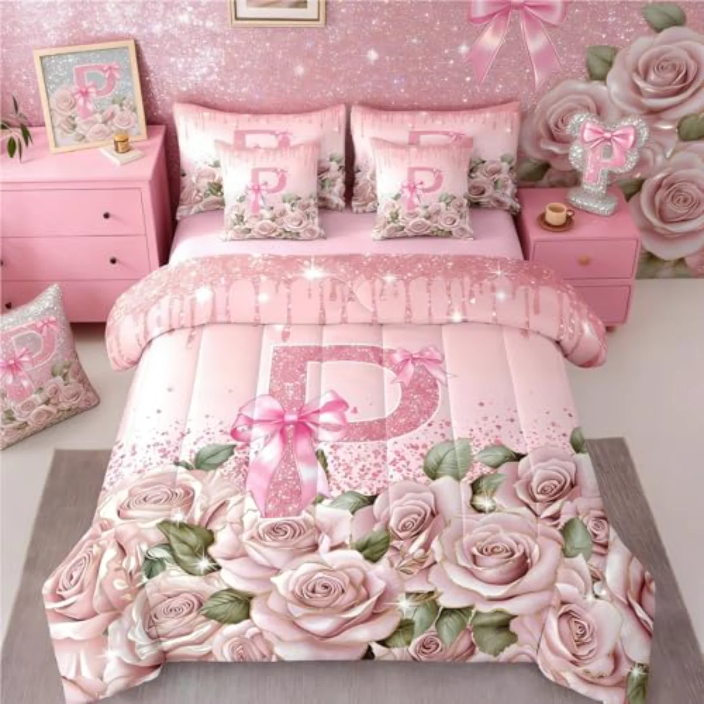 Initial Letter P Bow Sheets Comforter Set, Full