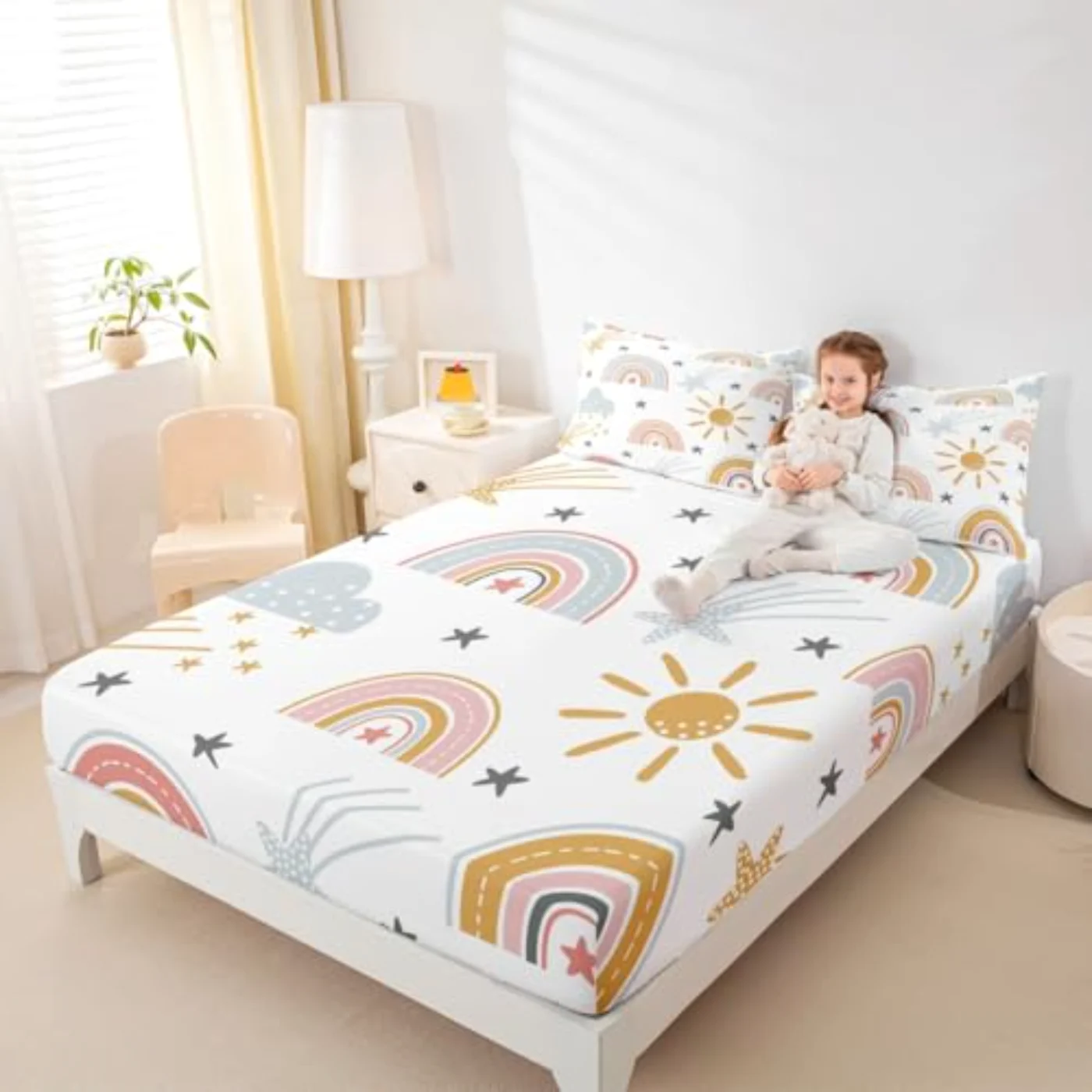 Girls Rainbow Fitted Sun Stars Sheet Set, Twin