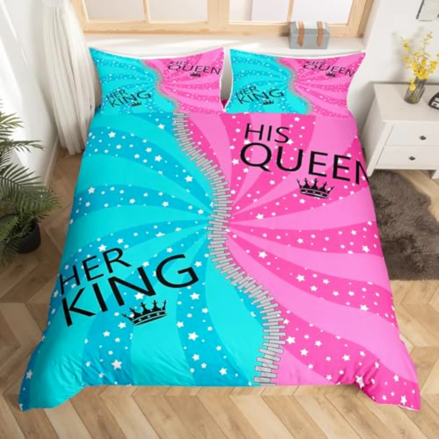 His Her Couple Blue Pink Duvet Cover, Full