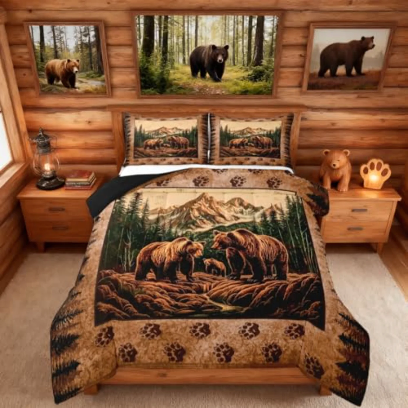 Rustic Cabin Grizzly Bear Print Comforter Set, King