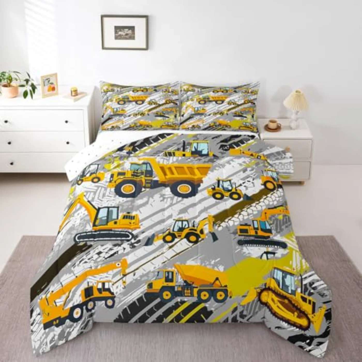Boys Construction Truck Kids Girls Comforter Set, Twin