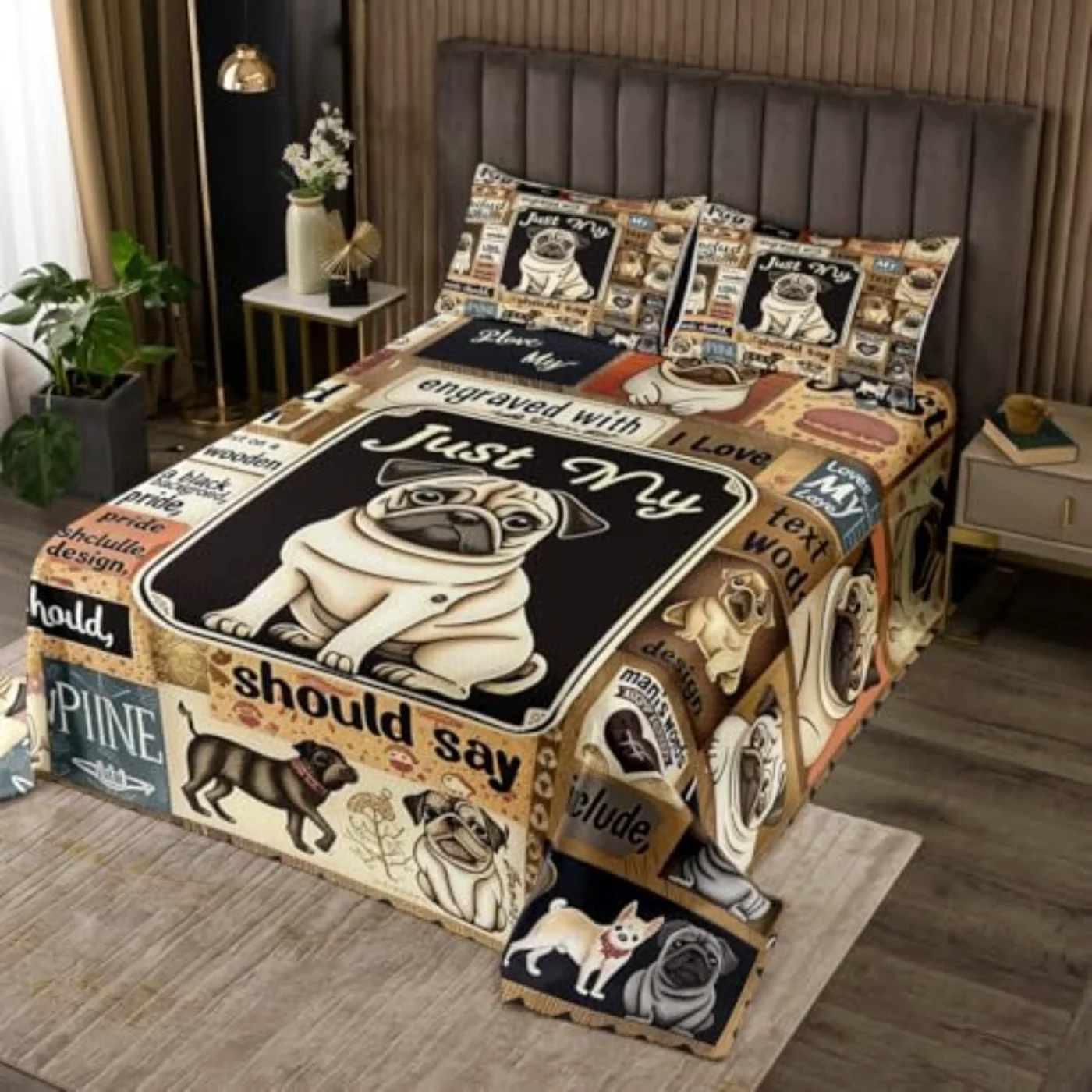 Dog Print Cute Cartoon Pug Quilt, Queen