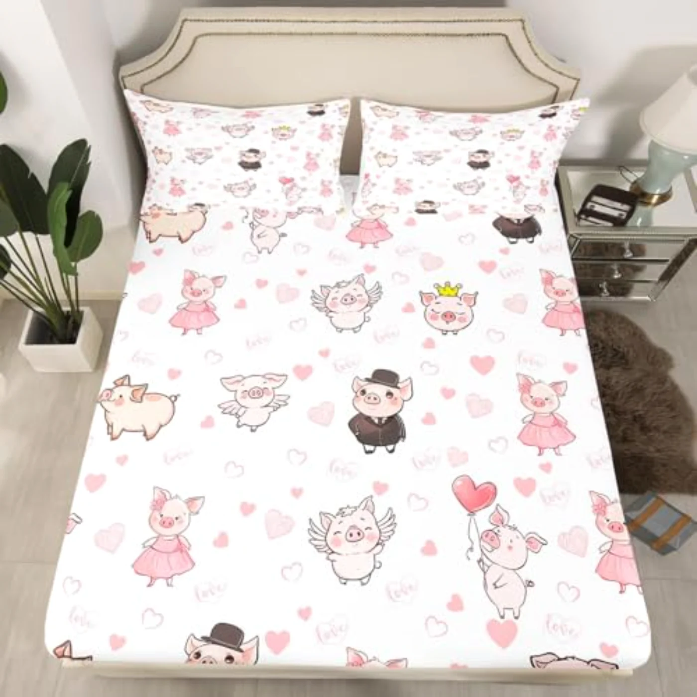 Cartoon Pig Fitted Love Heart Sheet Set, Queen