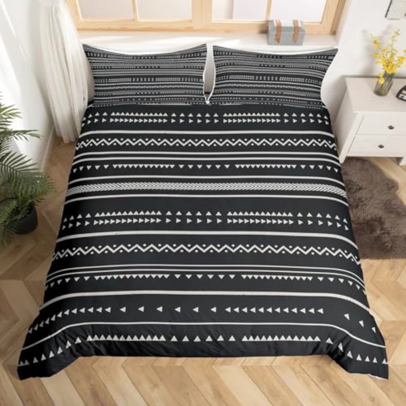 Boho Men Women Black White Duvet Cover, Twin