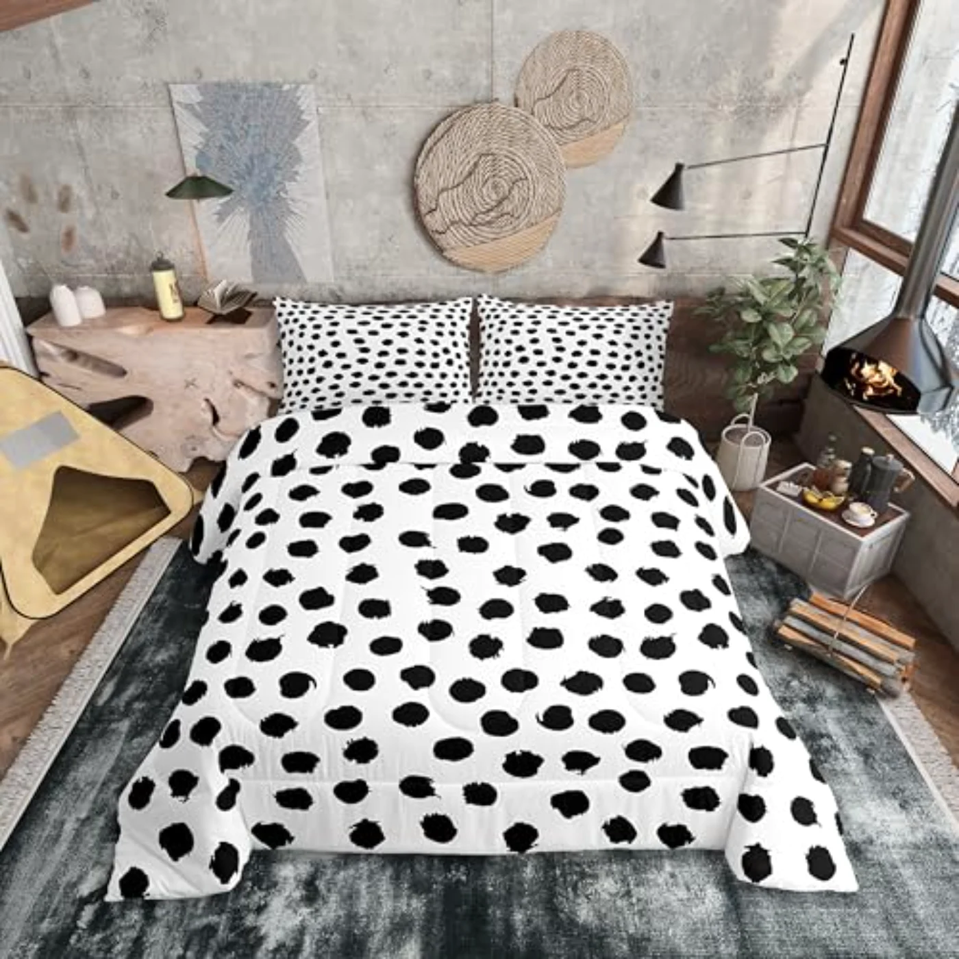 Brush Stroke Polka Dots Boho Comforter Set, Queen