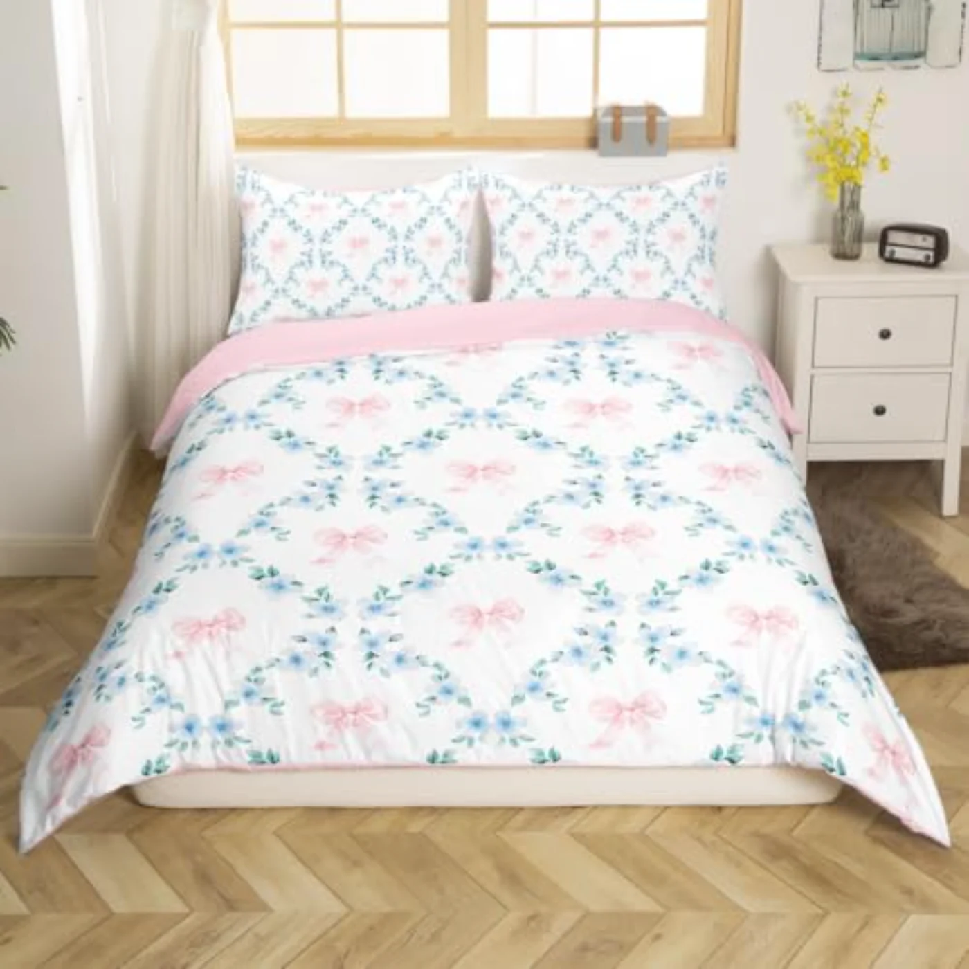 Pink Kawaii Ribbon Bow Kids Duvet Cover, Twin