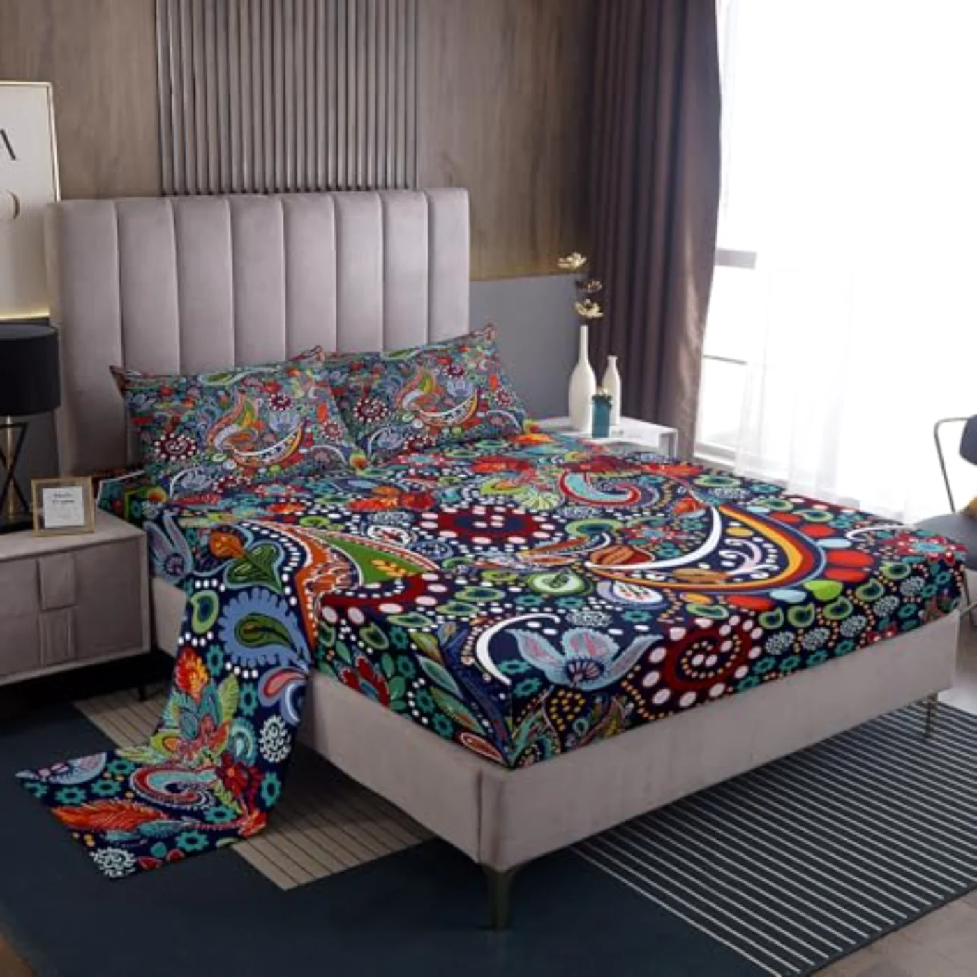 Boho Floral Sheets Paisley Flowers Sheet Set, Queen