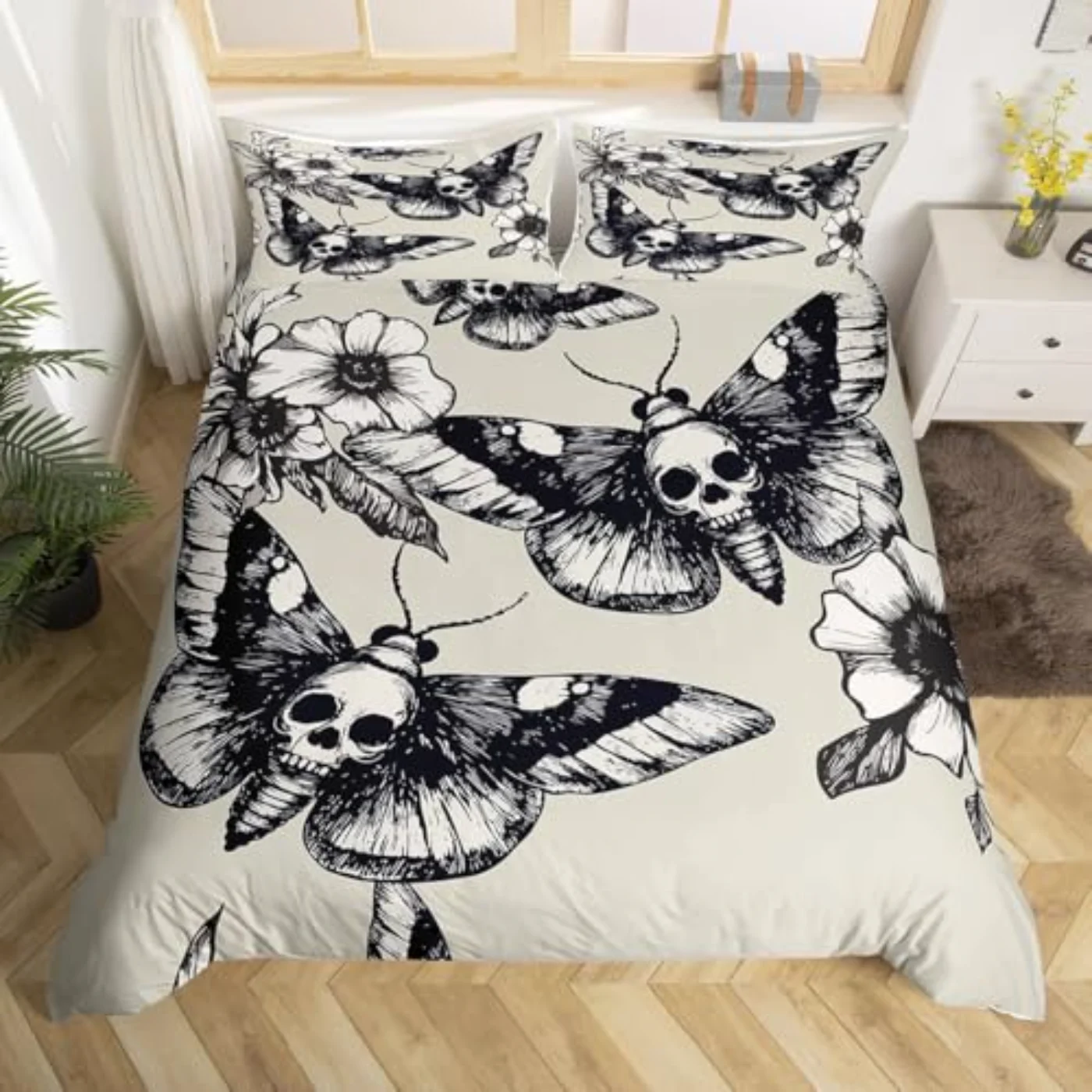Skull Moth Printed Gothic Style Duvet Cover, Twin