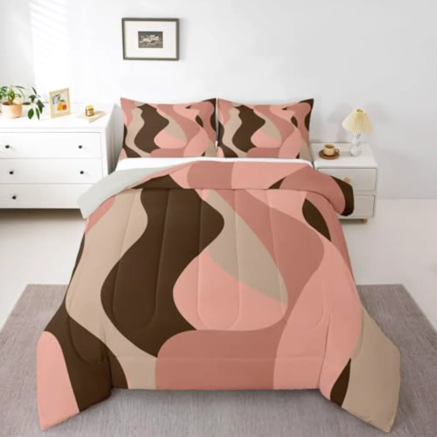 Pink Brown Abstract Geometric Girls Quilt, Twin