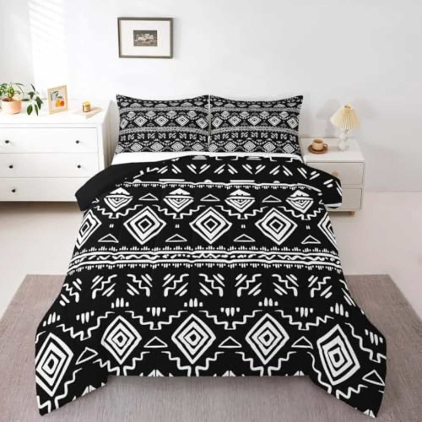Tribal Boho Aztec Black White Comforter Set, Twin