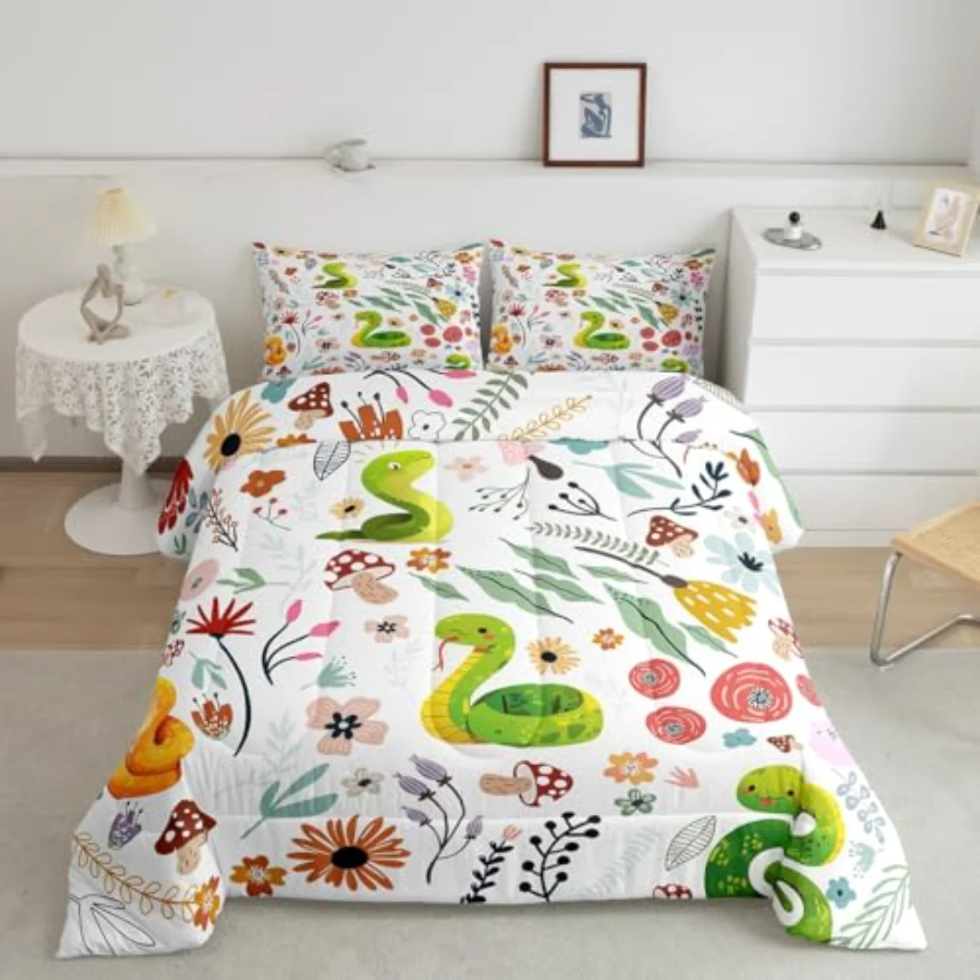 Kawaii Snake Mushroom Floral Boys Comforter Set, Twin