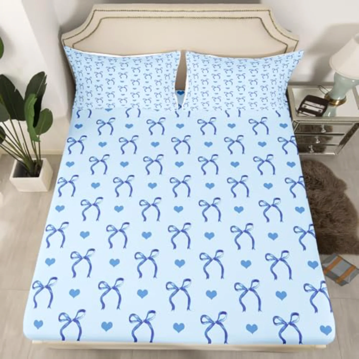 Blue Love Hearts Bowknot Fitted Sheet Set, Twin