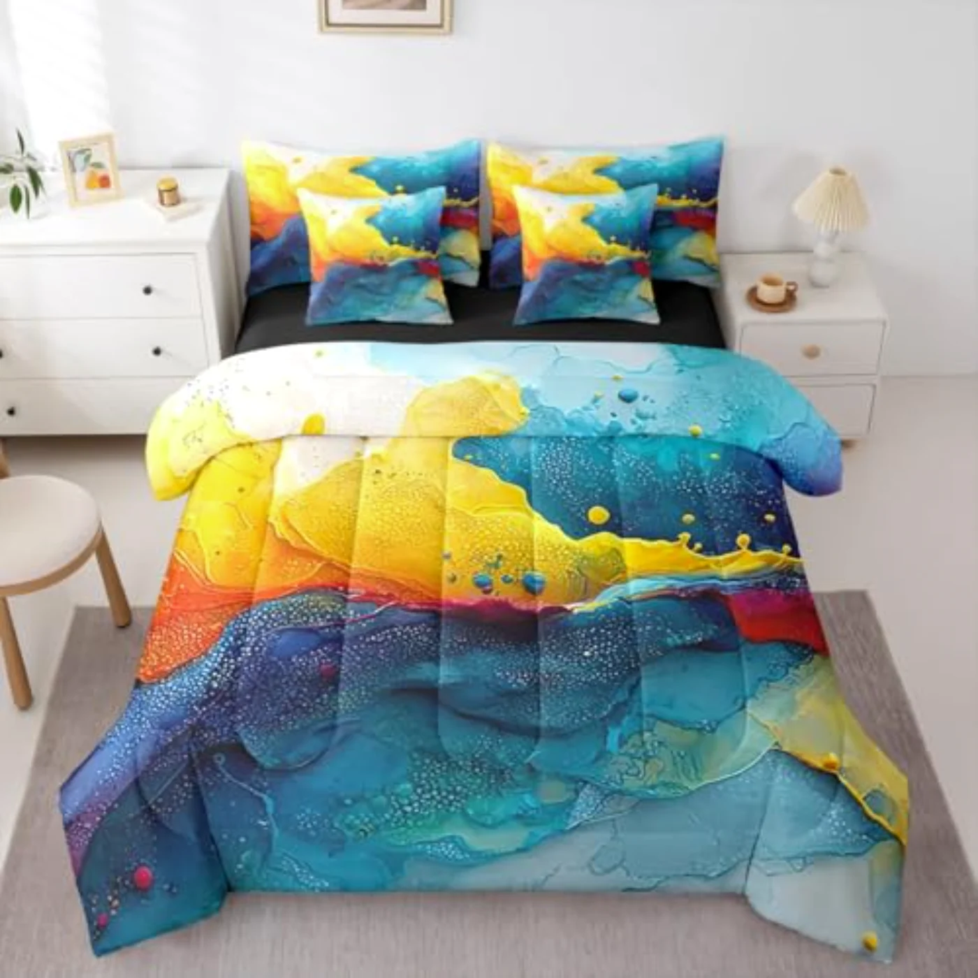 Marble Ombre Fluid Yellow Blue Comforter Set, Queen
