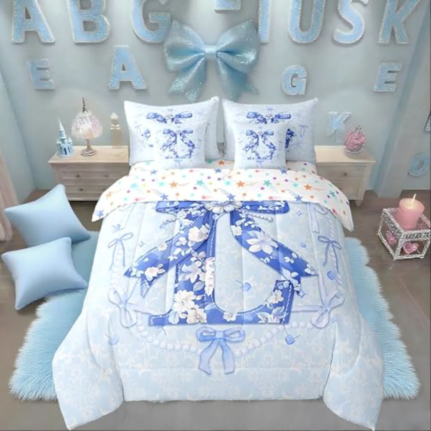 Blue Bow Teen Girls Floral Comforter Set, Full