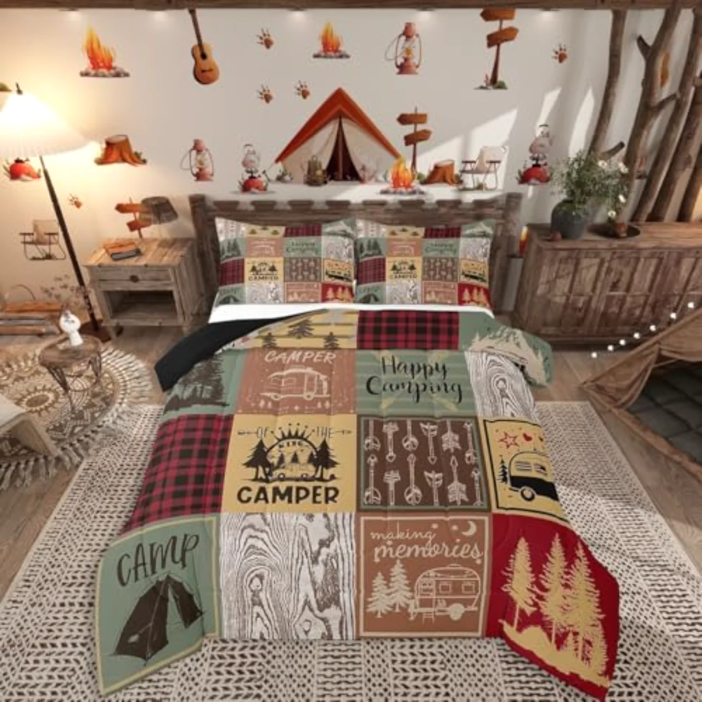 Retro Camper Happy Camping Kids Quilt, Queen