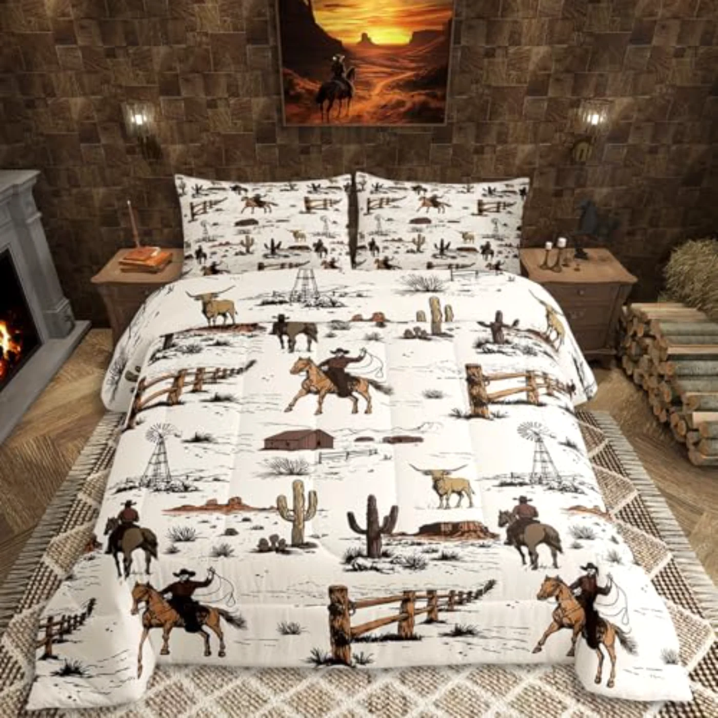Western Comforter Set, Queen, White & Cream