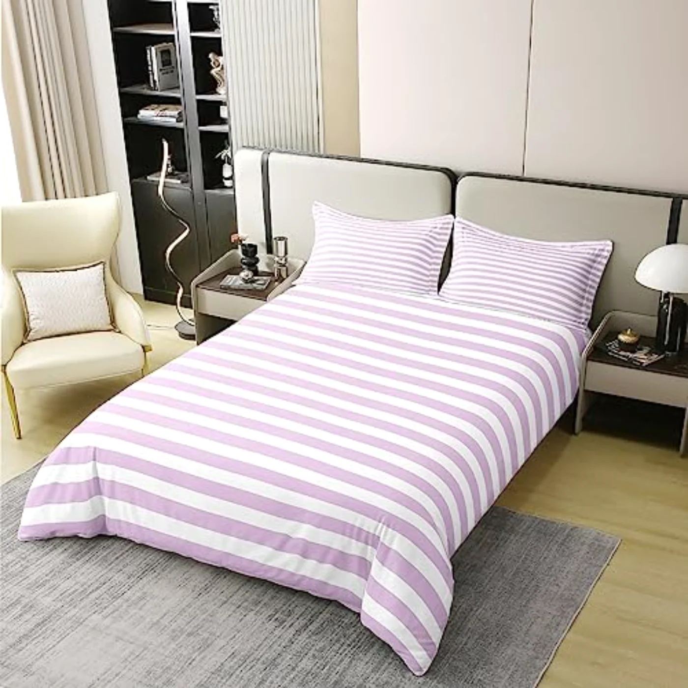 Cotton Girl Purple Striped White Duvet Cover, Queen