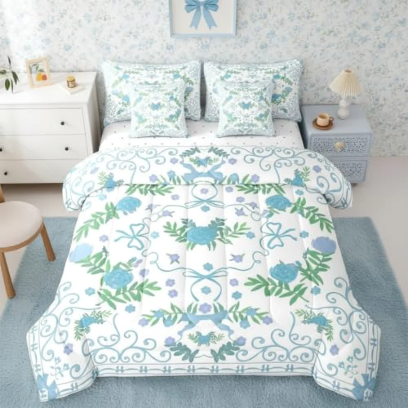 Blue Bow Girls Comforter Set, Full