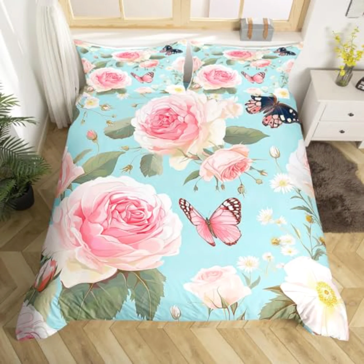 Floral Butterfly Flower Leaf Red Duvet Cover, Queen