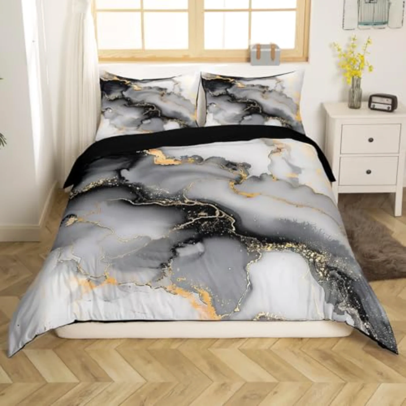 Black Grey Abstract Watercolor Artwork Duvet Cover, King