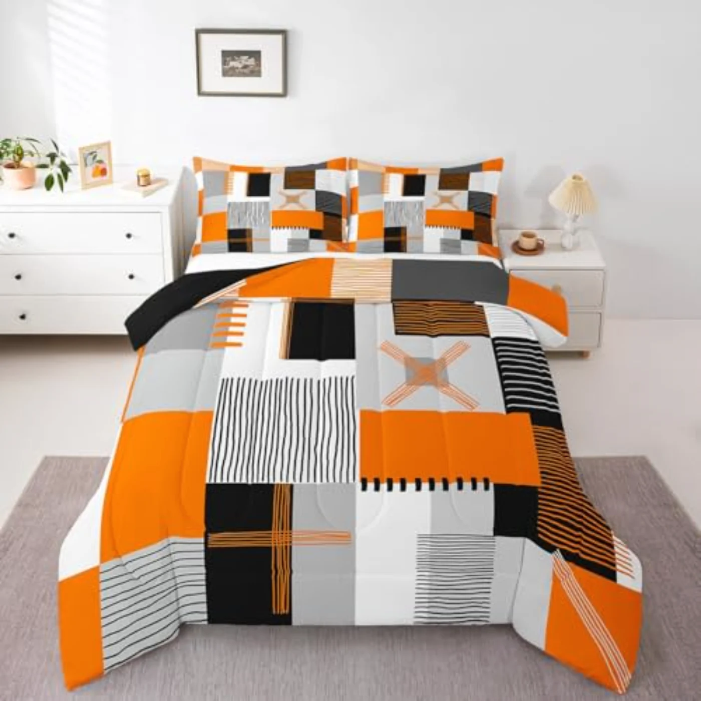 Orange Grey Black White Abstract Comforter Set, Queen