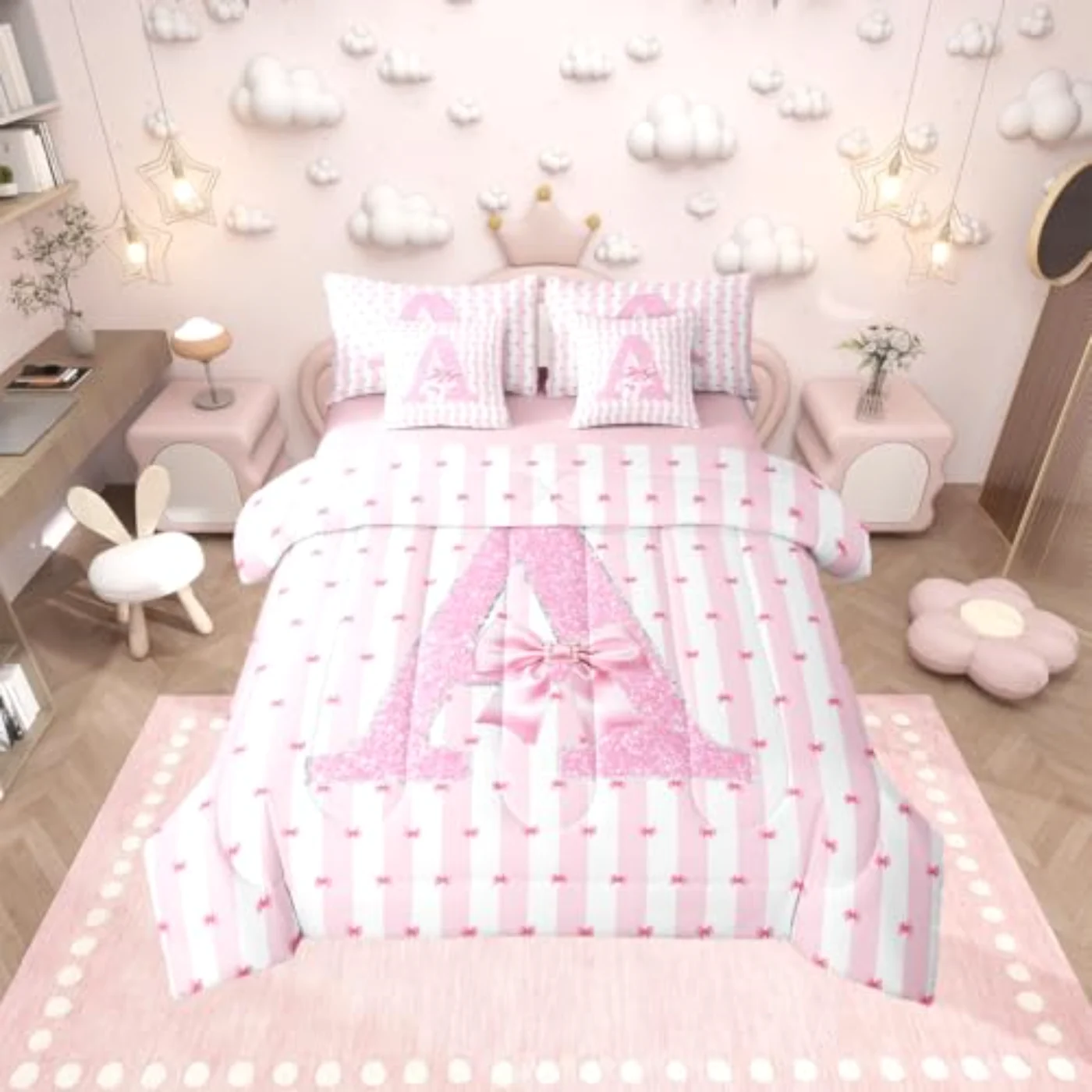 Pink Bowknot Sheets Initial Letter Comforter Set, Queen