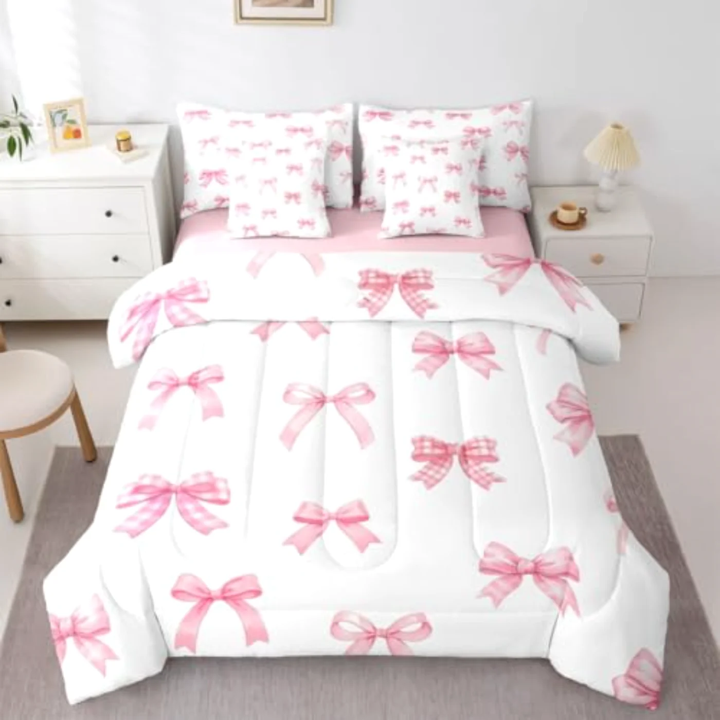 Pink Bow Grid Sheets Cute Comforter Set, Full