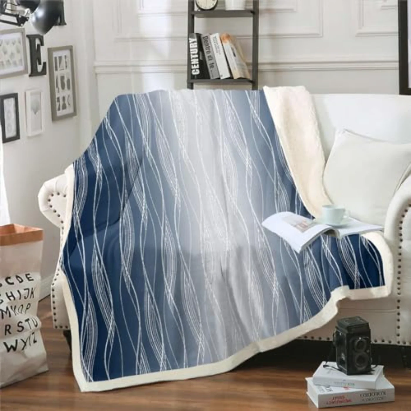 Navy Blue Greyish White Sherpa Throw