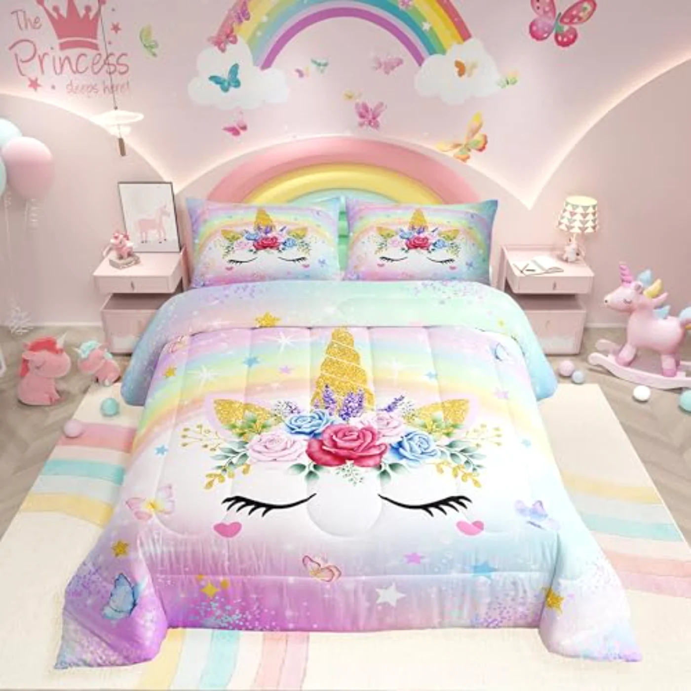 Rainbow Unicorn Girls Kids Dreamy Comforter Set, Queen