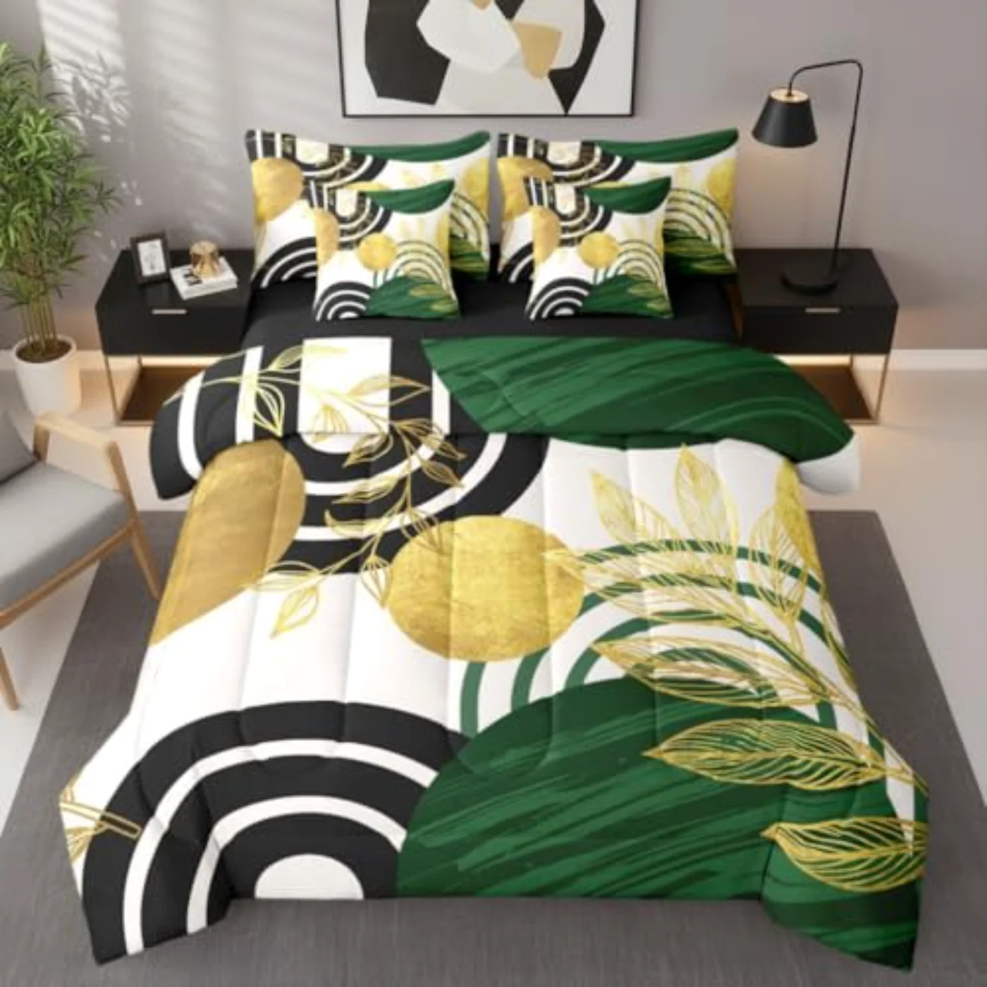 Modern Mid Century Boho Green Comforter Set, King