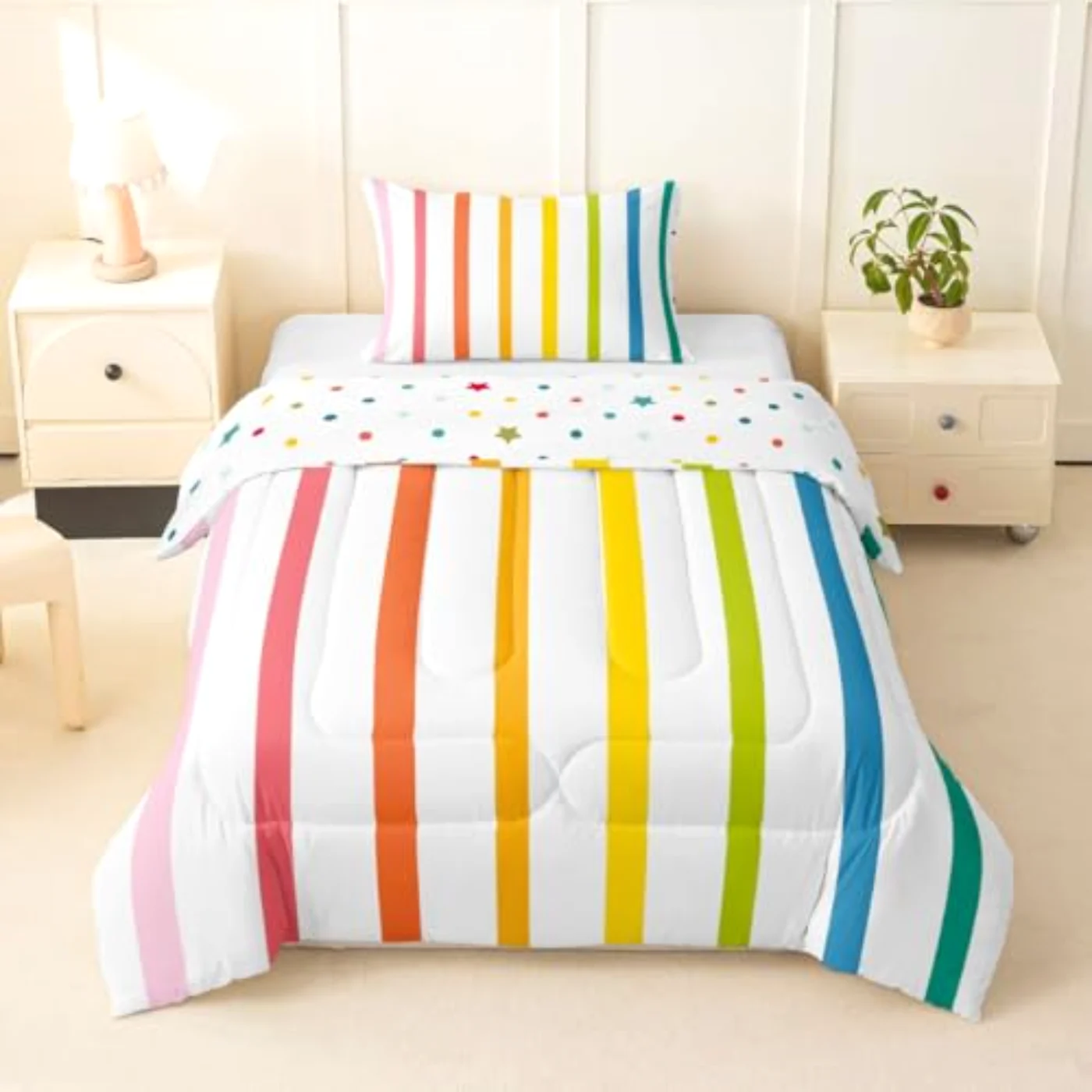 Vibrant Rainbow Striped Kids Colorful Comforter Set, Twin
