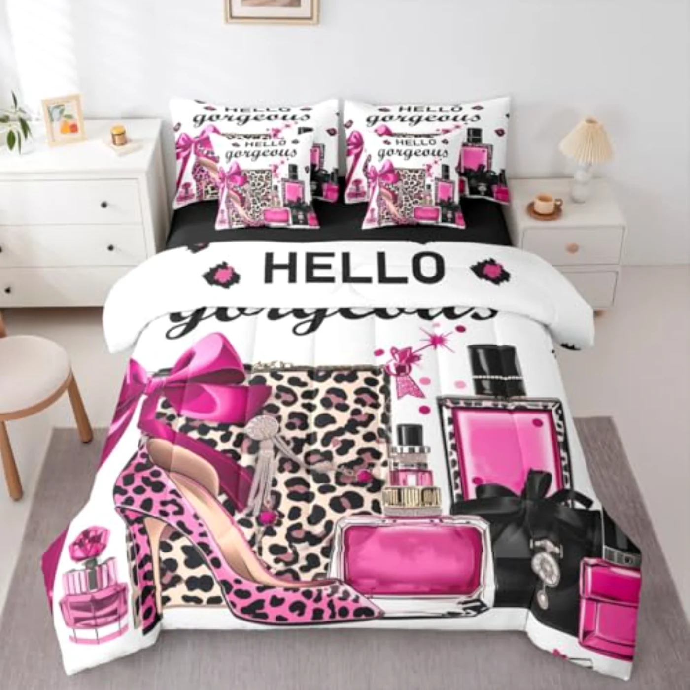 Black Pink Leopard Print Comforter Set, Full