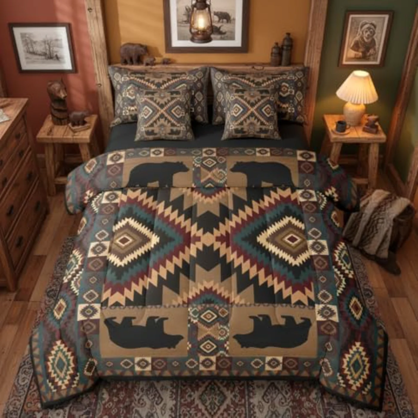 Rustic Cabin Farmhouse Lodge Bear Comforter Set, Queen