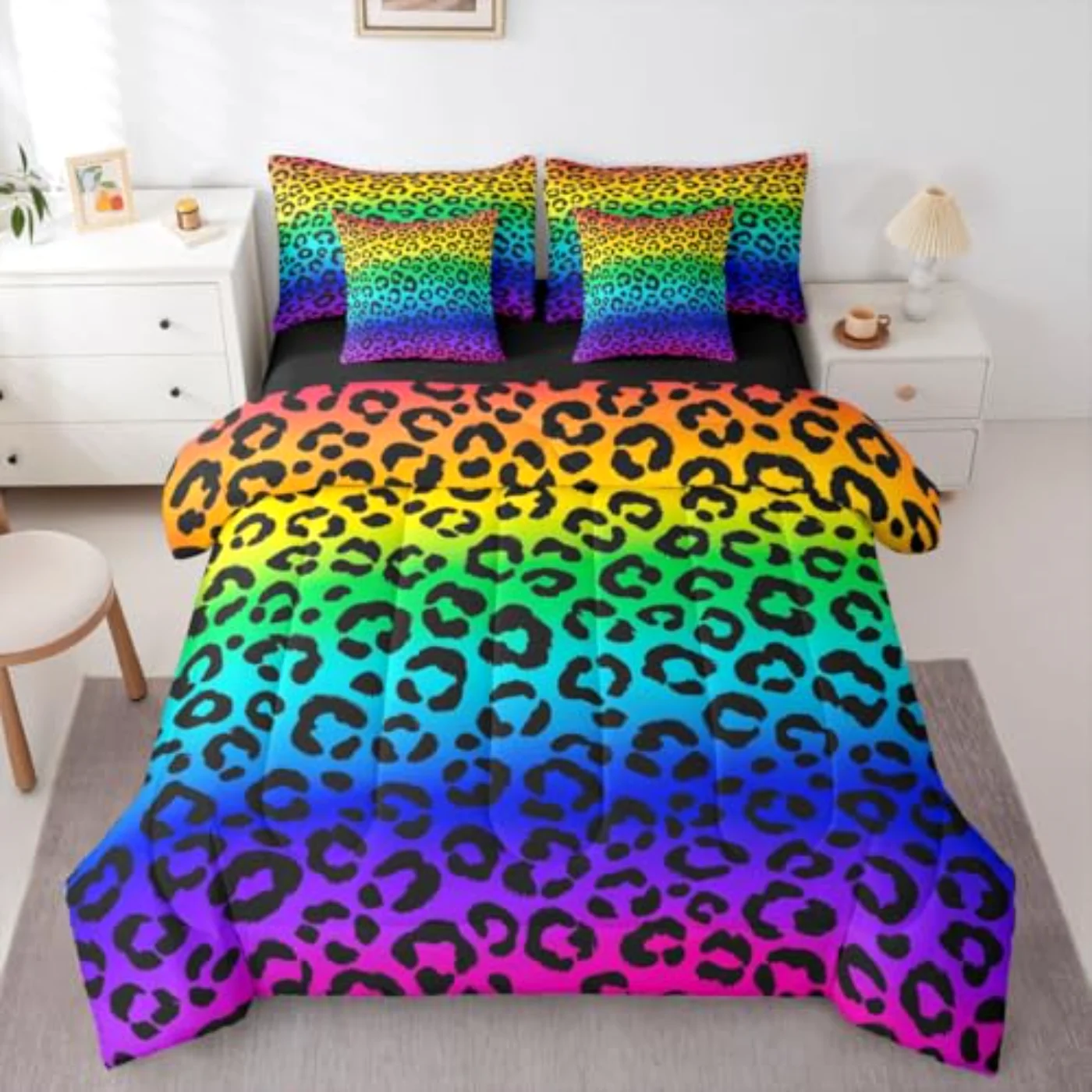 Rainbow Leopard Print Colorful Animal Quilt, Queen