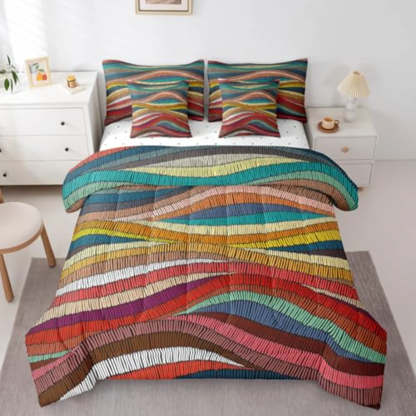 Boho Bohemian Wavy Rainbow Embroidered Comforter Set, Queen