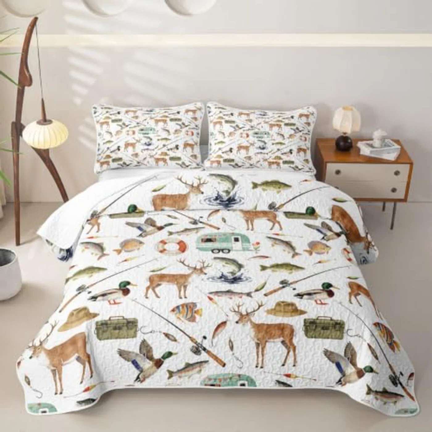 Hunting Fishing Mallard Duck Deer Quilt, Twin