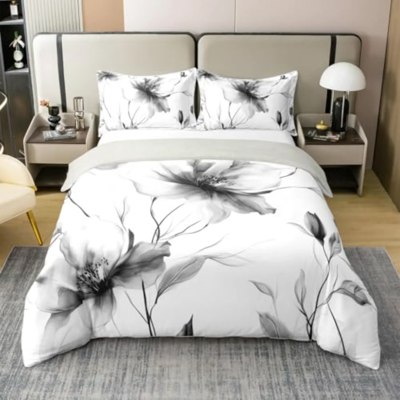 Black White Floral Duvet Cover, Queen