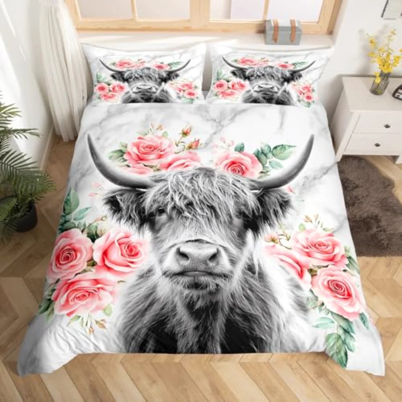 Highland Cow Flower Bull Cattle Duvet Cover, Twin