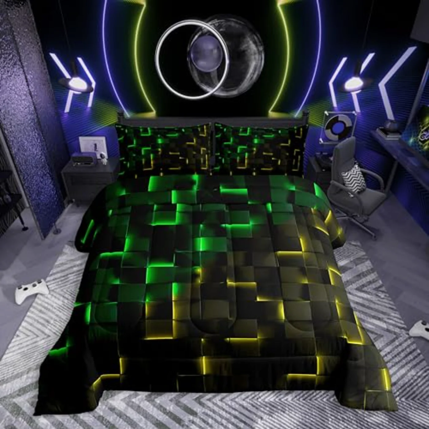 Black Green Yellow Comforter Set, Full