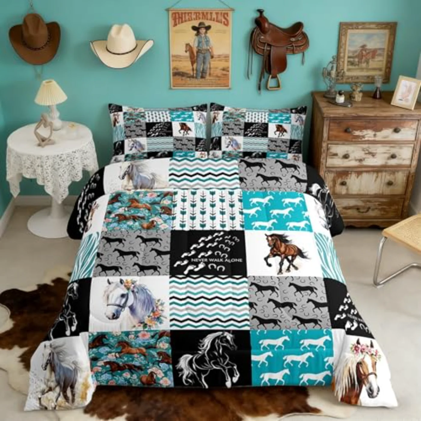Horse Comforter Set, Twin, Blue & Navy