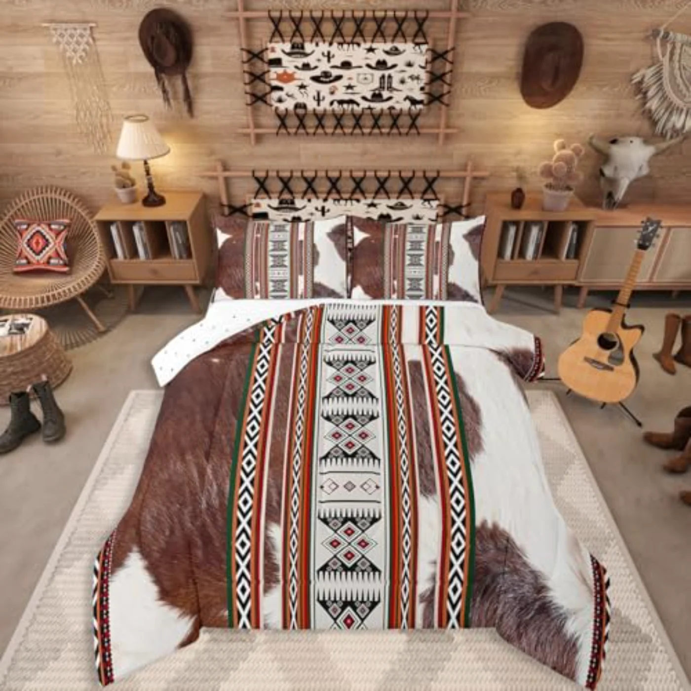Western Aztec Comforter Set, Queen, Brown (8D4S)