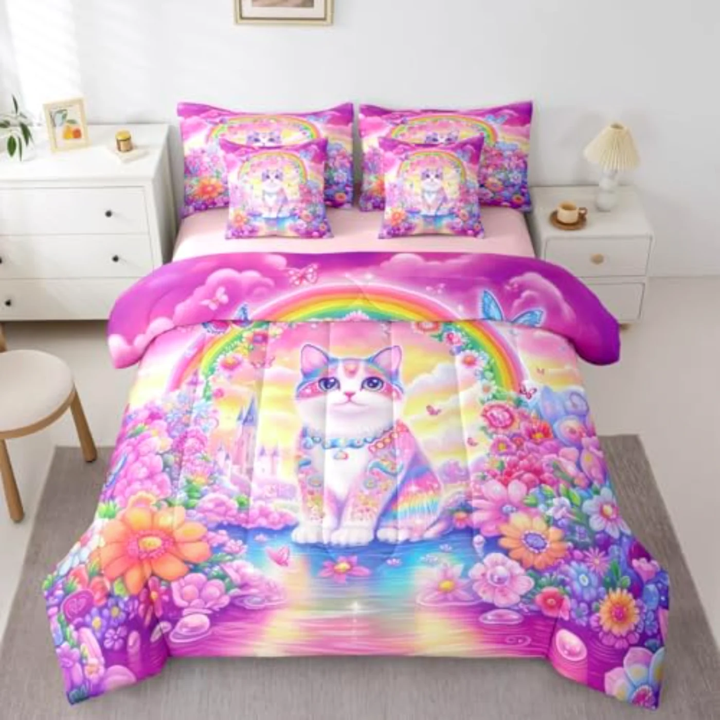 Floral Cat Girls Rainbow Princess Comforter Set, Twin